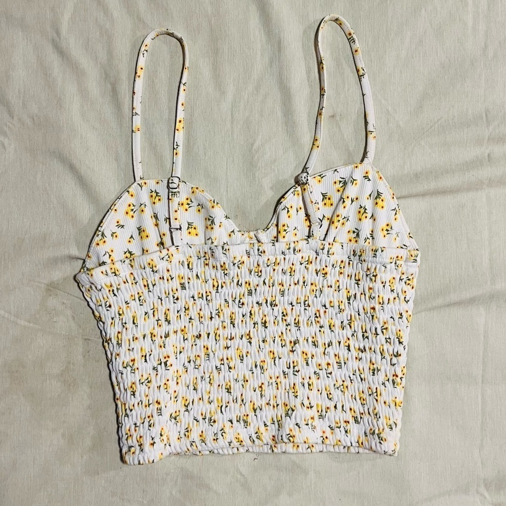 Forever 21 Bustier Smocked Tank Top in White + Yellow Floral Print | size Small - Picture 3 of 6